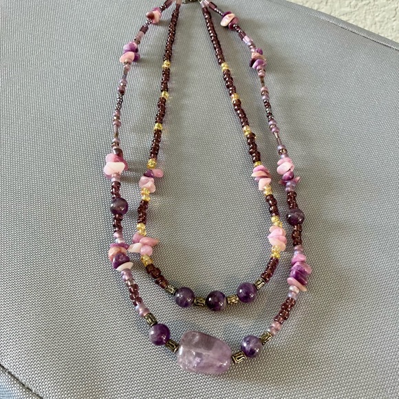 Multilayered Amethyst? Beaded Double Strand Semi Precious Boho Necklace - Picture 15 of 16